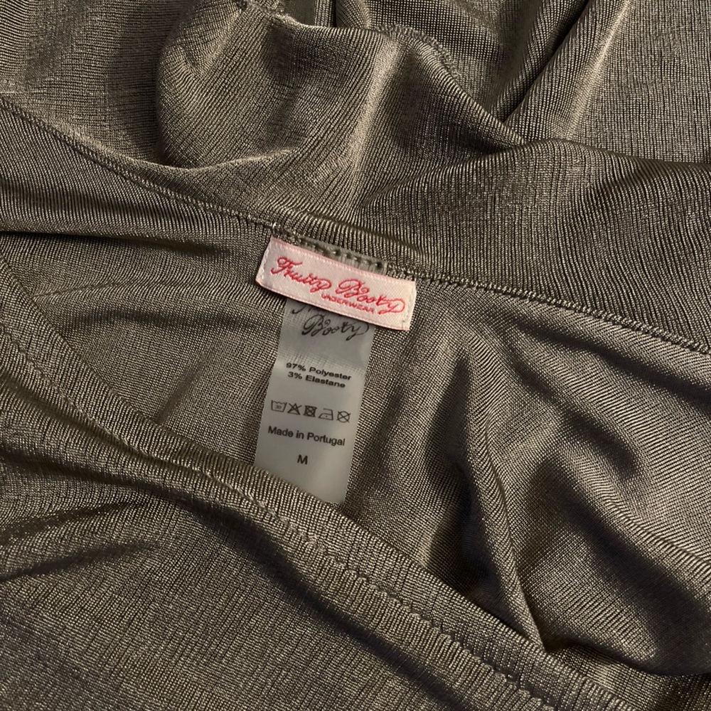 Fruity Booty Slinky Dress in Taupe Greige Grey Beige Metallic Jersey Knit Frill - Picture 7 of 8